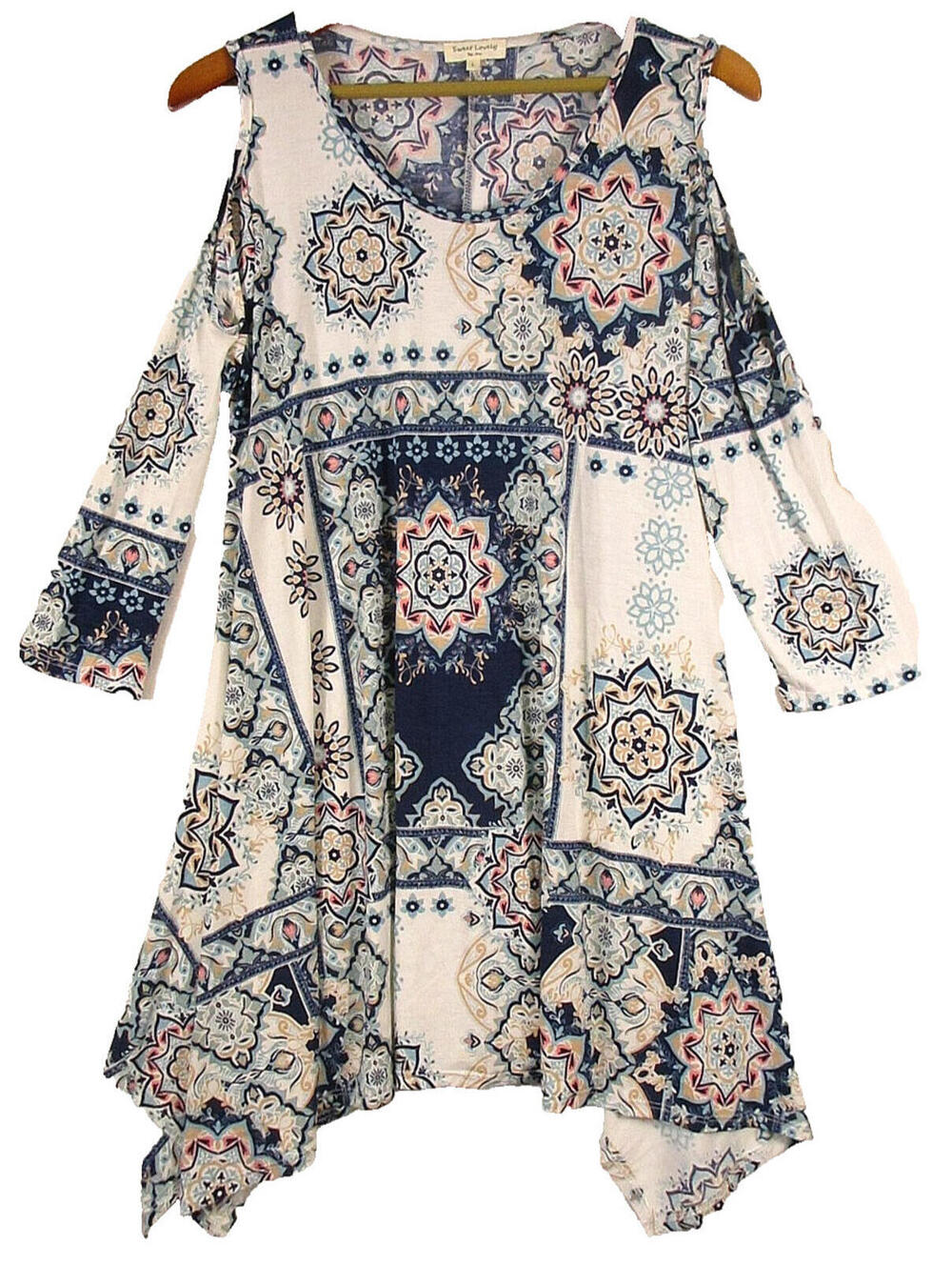 Sweet Lovely Womens Scoop Neck Floral Dress Cold Shoulder Sleeve Size L Multi